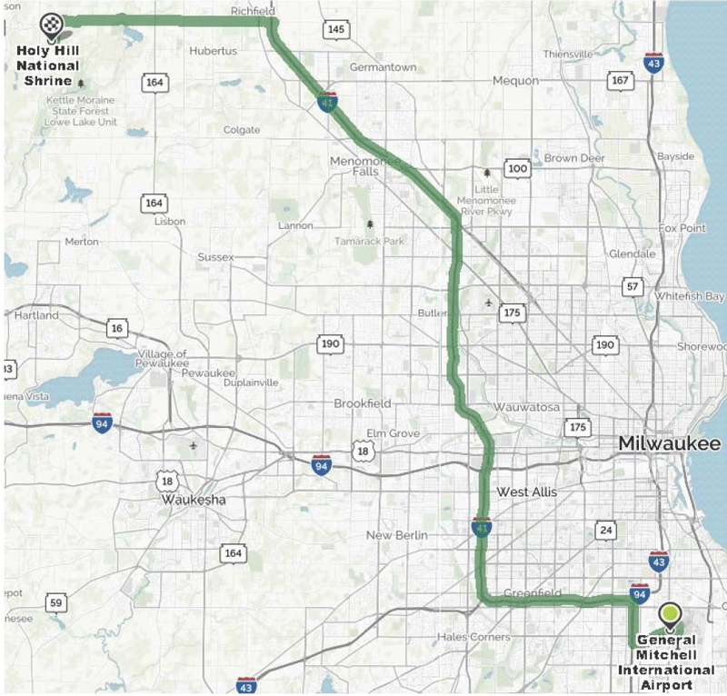 Route from Milwaukee Airport to Holy Hill